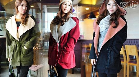 韓版撞色百搭抽繩毛呢連帽大衣