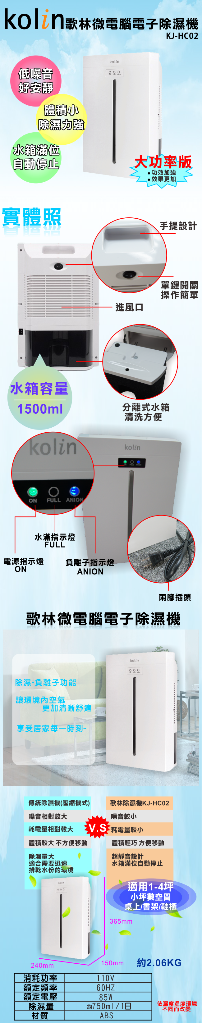 2017/新款/Kolin歌林/微電腦/電子除濕機/下雨/潮濕/小坪數/小空間KJ-HC02/負離子/除濕/小除濕機/國際/夏普/三菱/浴室除溼/浴室除濕/衣櫃除濕