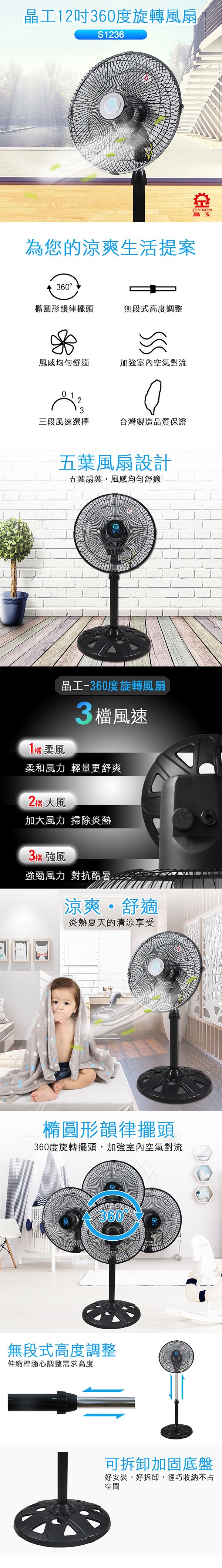 【晶工】 12吋360度旋轉風扇/S1236