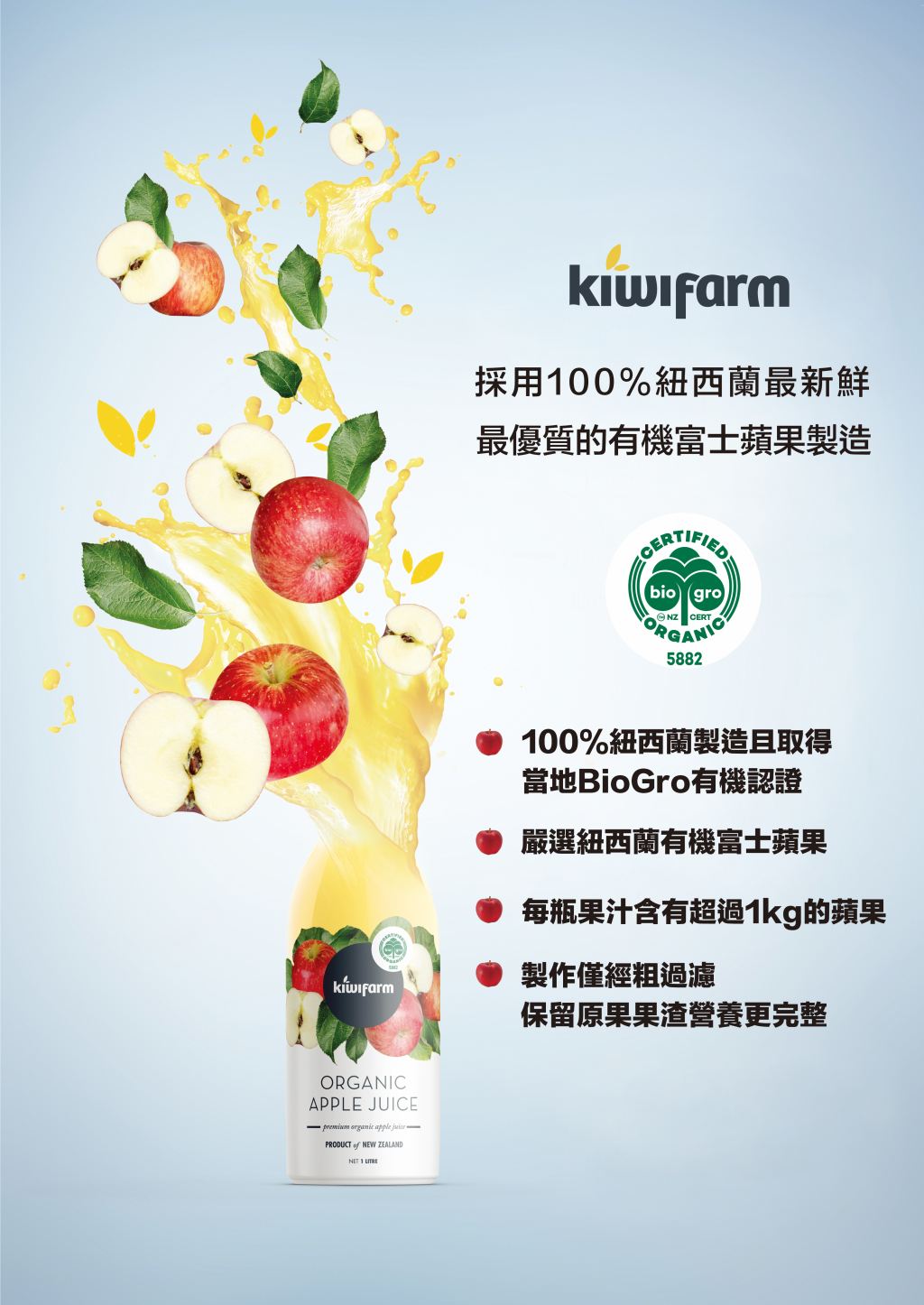 KiwiFarm/果汁/紐西蘭/蘋果汁/有機/飲品/富士蘋果汁/富士蘋果/有機果汁/水果/聖誕節/派對/甜點/點心