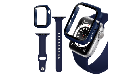 For Apple Watch Series SE/6/5/4 (44mm) 全包覆9H鋼化玻璃貼+錶殼+矽膠錶帶-夜藍