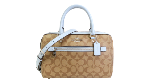 COACH 經典馬車C LOGO前口袋斜背/兩用波士頓包(卡其水藍)