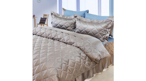 LAMINA雙色亮面精梳棉六件式床罩組-灰藍(雙人)
