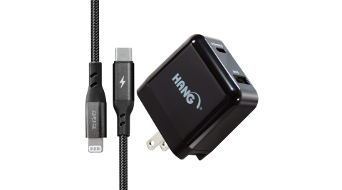 TENGWEI Type-C To Lightning PD MFi 認證快充線+HANG Type-C USB-A雙孔 PD+QC 4.0 3.0充電器-黑色組