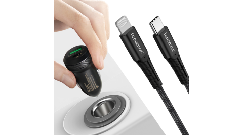 急速組合【Fonemax】蘋果MFI認證 PD30W急快速充電線200cm搭配 PD+QC雙孔BSMI認證車充-黑色組