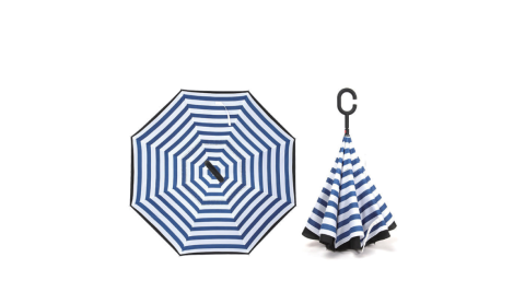 【生活良品】C型雙層海軍紋手動反向雨傘-條紋款藏青色