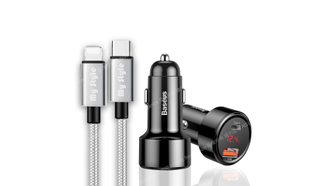 Baseus倍思 魔力 PPS數字顯示Type-C PD+QC智能車充-黑+耐彎折編織 usb-C to Lightning(iphone) PD急速快充線-銀