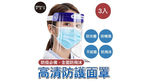 摩達客-藍帶頭戴式透明防疫面罩三入優惠組(成人隔離防護面罩/全臉)