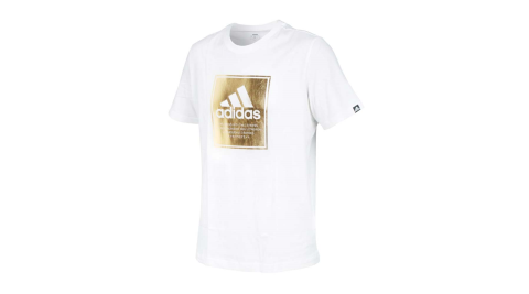 ADIDAS 男短袖T恤-燙金 LOGO 休閒 純棉 上衣 慢跑 愛迪達 訓練 亞規 白金@GD5930@