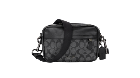 COACH灰黑C Logo黑邊真皮方型小款斜背男包