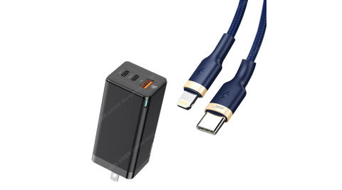 Baseus GaN迷你氮化鎵65W快充充電器(台灣版)黑+HANG PD20W Type-C to Lightning快充線-100cm藍