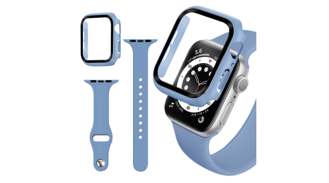 For Apple Watch Series SE/6/5/4 (44mm) 全包覆9H鋼化玻璃貼+錶殼+矽膠錶帶-淺紫