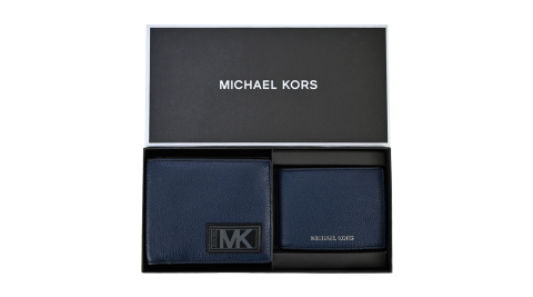 MICHAEL KORS GIFTING荔枝牛皮對開短夾(附證件夾)禮盒組-藍