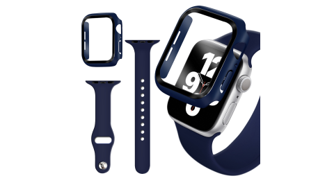 For Apple Watch Series SE/6/5/4 (40mm) 全包覆9H鋼化玻璃貼+錶殼+矽膠錶帶-夜藍